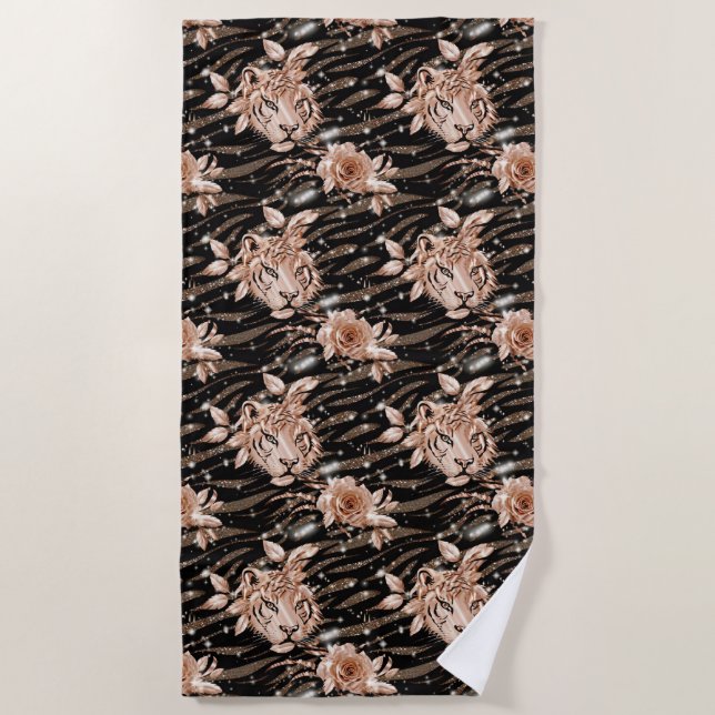 Black Rose Gold Tiger Floral Strandtuch (Vorderseite)