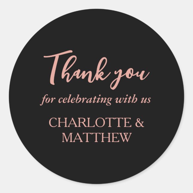 Black & Rose Gold Wedding Classic Round Sticker (Vorderseite)