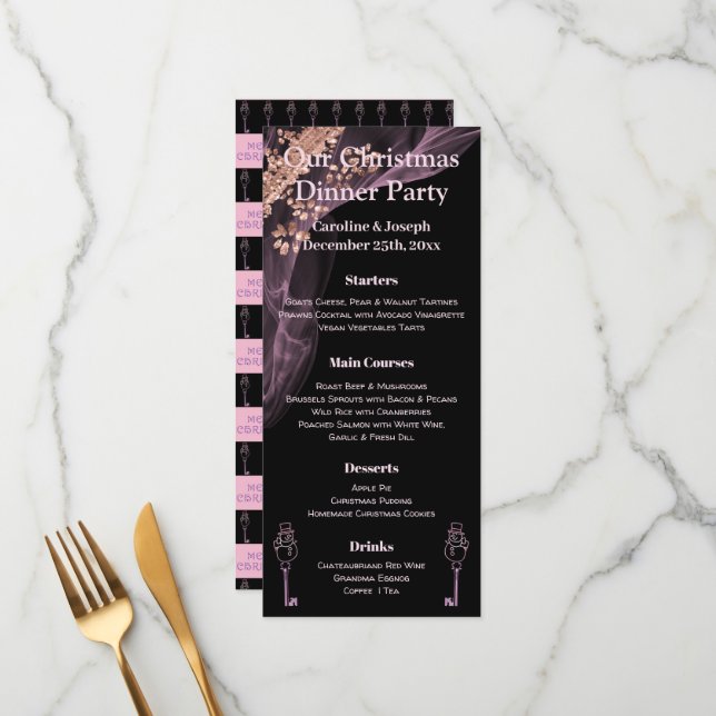 Black & Rose Gold Weihnachtsmenü mit Snowman Menükarte (Vorderseite/Rückseite Beispiel)