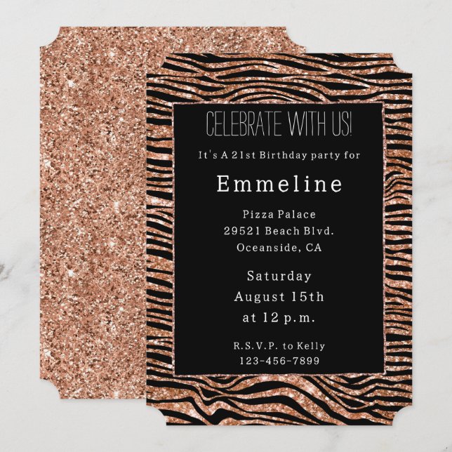 Black Rose Gold Zebra Glitzer Einladung (Vorne/Hinten)