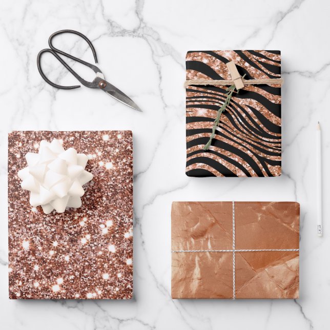 Black Rose Gold Zebra Glitzer Geschenkpapier Set (Vorderseite)