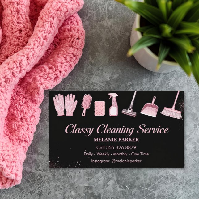 Black & Rose pink Glitter Classy Cleaning Services Visitenkarte (Von Creator hochgeladen)