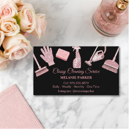 Black & Rose pink Glitter Classy Cleaning Services Visitenkarte