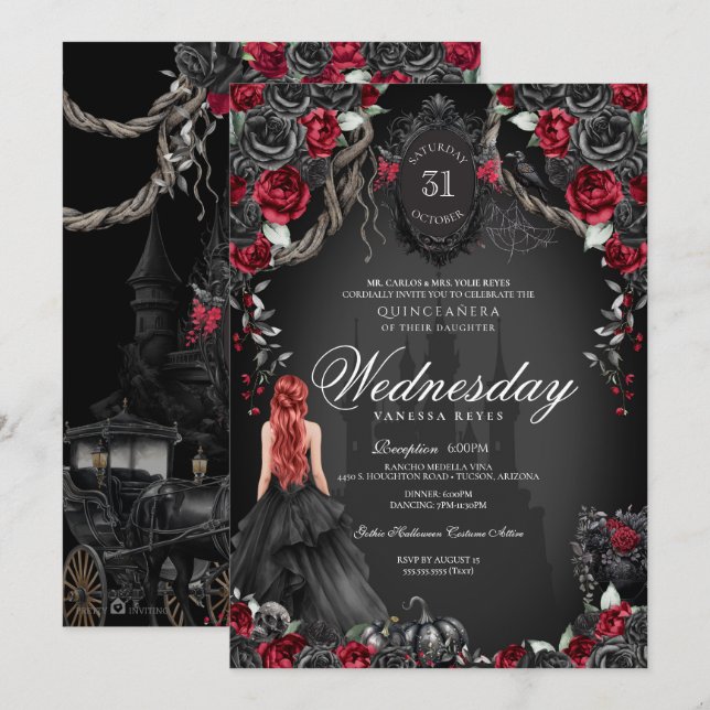 Black Rose Red Quinceañera Halloween Gothic Einladung (Vorne/Hinten)