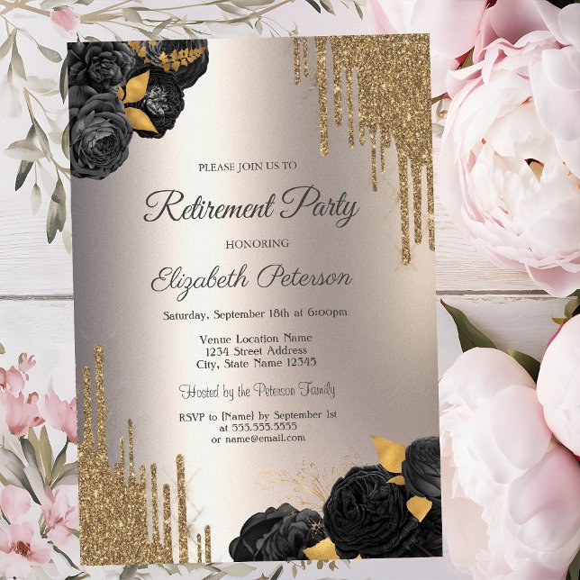 Black Roses Glitter Drips Ivory Retirement Party Einladung (Von Creator hochgeladen)