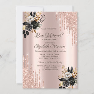 Black Roses Glitter-Tropfen Rose Gold Bar Mizwa Einladung