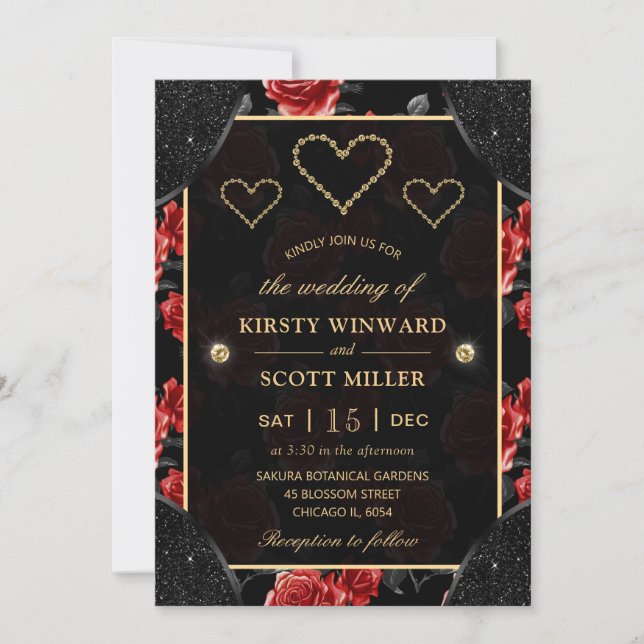 Black & Rote Rose Pattern & Gold Diamonds Wedding Einladung (Vorderseite)
