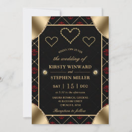 Black & Rote Rose Pattern & Gold Diamonds Wedding Einladung