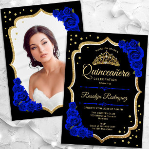 Black Royal Blue Gold Foto Quinceanera Einladung