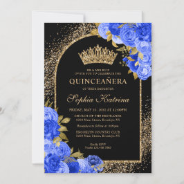 Black Royal Blue Gold Glitzer Floral Quinceanera Einladung