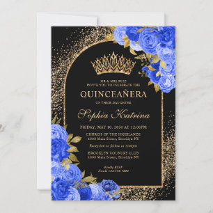 Black Royal Blue Gold Glitzer Floral Quinceanera Einladung