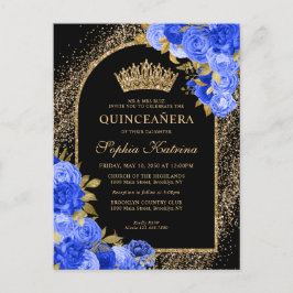 Black Royal Blue Gold Glitzer Floral Quinceanera Einladungspostkarte