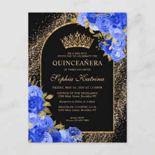 Black Royal Blue Gold Glitzer Floral Quinceanera Einladungspostkarte