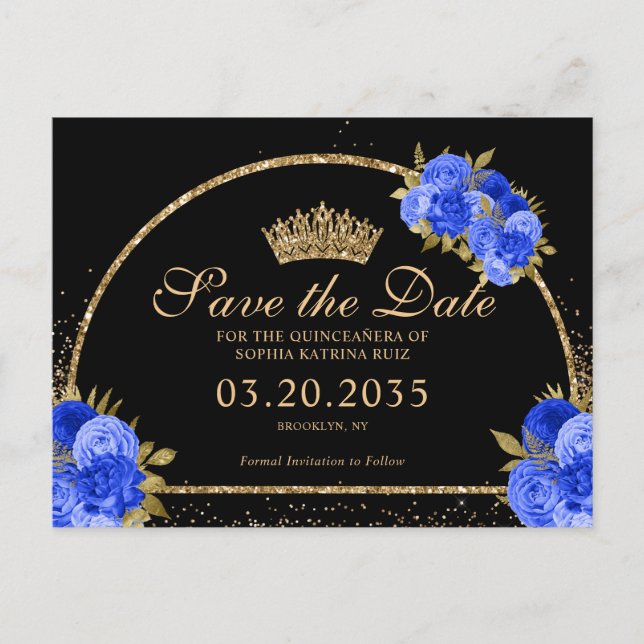 Black Royal Blue Gold Glitzer Floral Quinceanera Postkarte (Vorderseite)