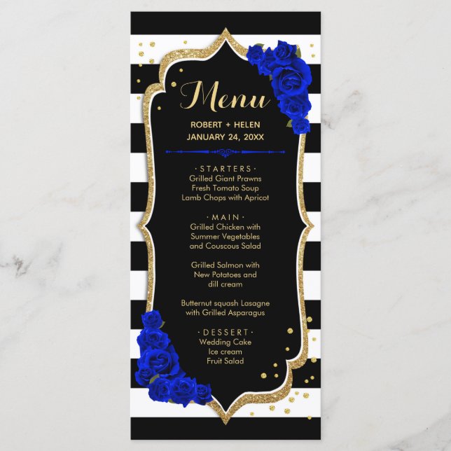 Black Royal Blue Gold White Menu Card Programm (Vorderseite)