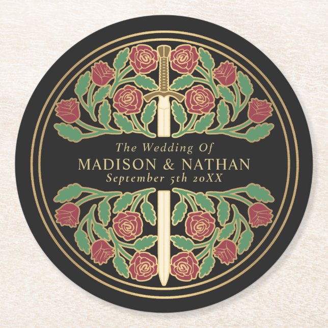 Black Royal Medieval Gold Sword Wedding Runder Pappuntersetzer (Vorderseite)