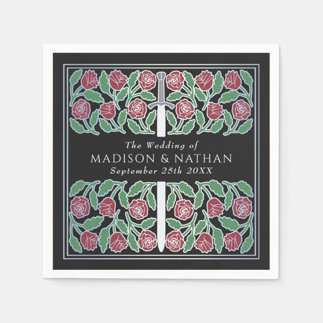 Black Royal Medieval Silver Floral Sword Wedding Serviette (Vorderseite)