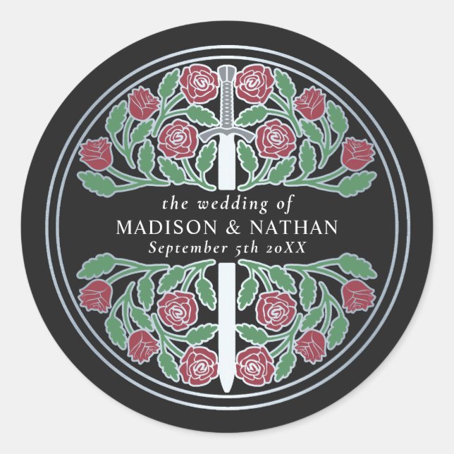 Black Royal Medieval Silver Sword Wedding  Runder Aufkleber (Vorderseite)