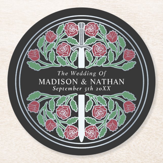 Black Royal Medieval Silver Sword Wedding Runder Pappuntersetzer (Vorderseite)