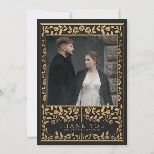 Black Royal Medieval Sword Wedding Dankeskarte (Vorderseite)