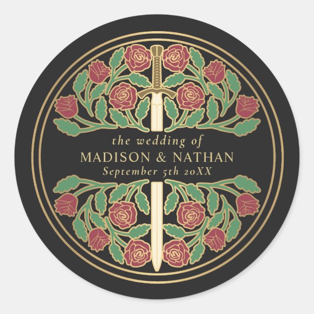 Black Royal Medieval Sword Wedding  Runder Aufkleber (Vorderseite)