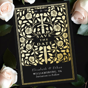 Black Royal Medieval Sword Wedding Save the Date Folieneinladung