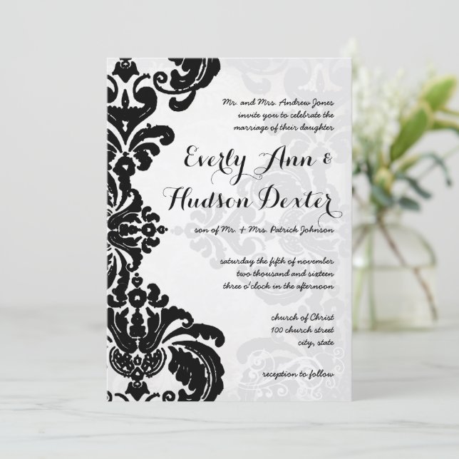 Black Rustic Luxe Vintag Damask Wedding Einladung (Stehend Vorderseite)
