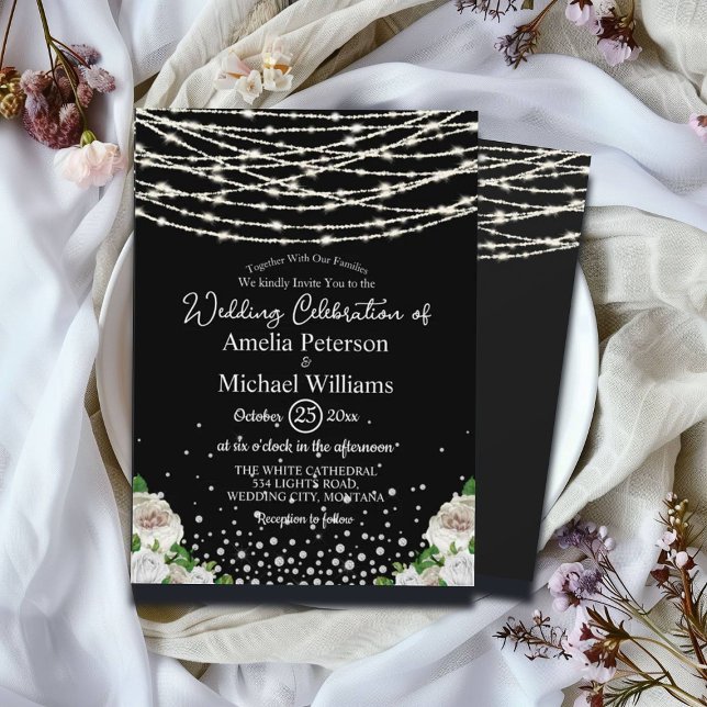Black Rustic White Roses String Lights Wedding Einladung (Von Creator hochgeladen)