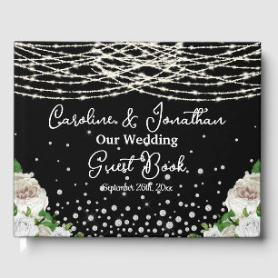 Black Rustic White Roses String Lights Wedding Gästebuch