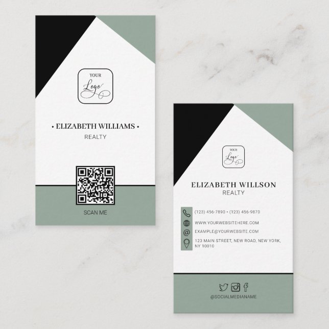 Black Saga Green Custom Business Logo & QR Code Visitenkarte (Vorne/Hinten)
