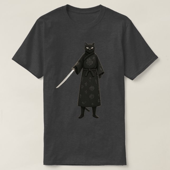 Black Samurai Cat Black Kimono T-Shirt (Design vorne)