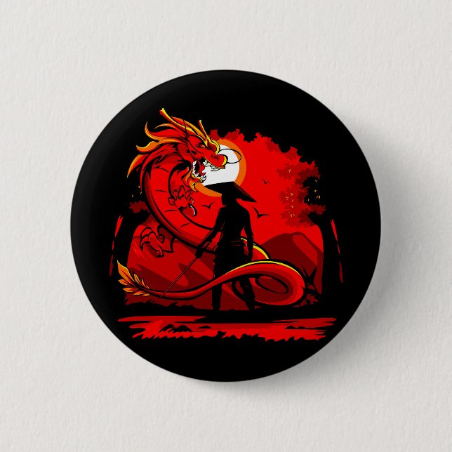 Black Samurai Red Dragon japanische Style Artwork  Button (Vorderseite)