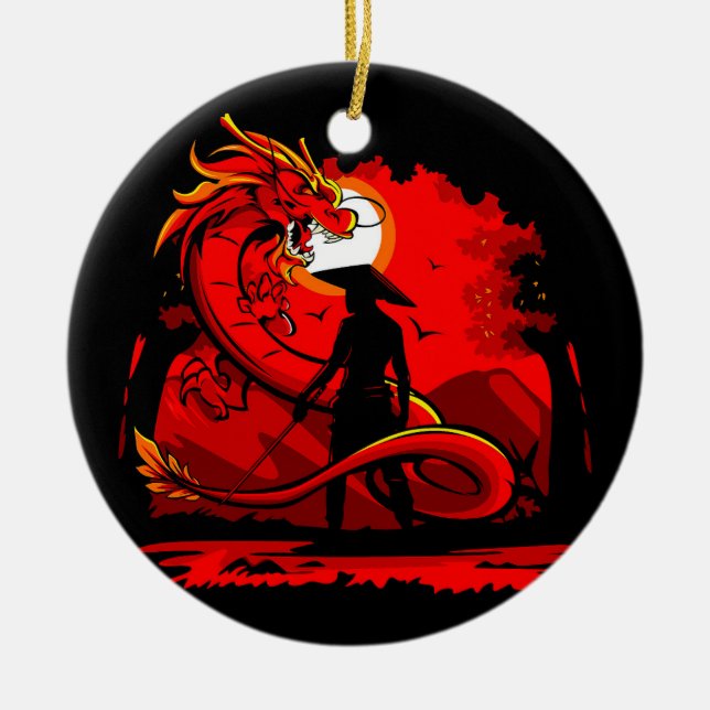 Black Samurai Red Dragon japanische Style Artwork  Keramik Ornament (Vorne)