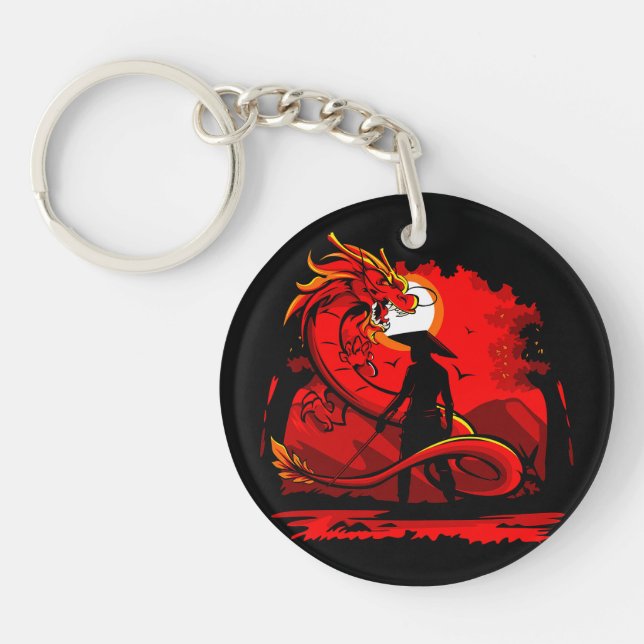 Black Samurai Red Dragon japanische Style Artwork  Schlüsselanhänger (Vorderseite)