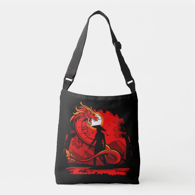 Black Samurai Red Dragon japanische Style Artwork  Tragetaschen Mit Langen Trägern (Vorderseite)