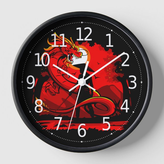 Black Samurai Red Dragon japanische Style Artwork  Uhr (Vorderseite)