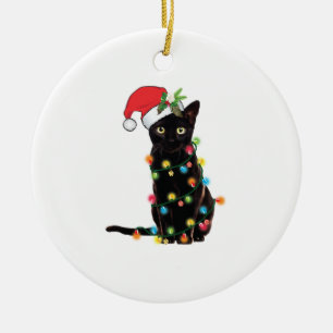 Black Santa Cat Tangled Up In Lights Christmas Keramik Ornament