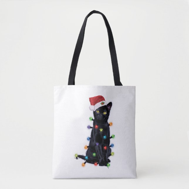 Black Santa Cat with christmas lights (Vorderseite)