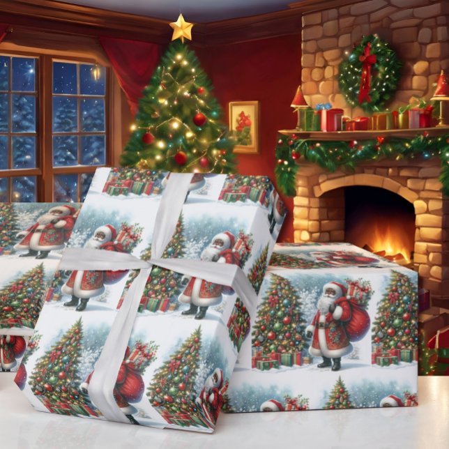 Black Santa in Snow Weihnachtsbaum & Geschenke Geschenkpapier (Von Creator hochgeladen)