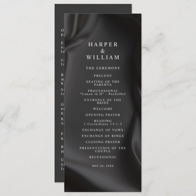 Black Satin Elegance Wedding Program Einladung (Vorne/Hinten)