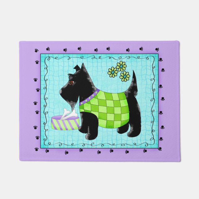 Black Scottie Dog begrüßt Türkis Lavender Fußmatte (Vorderseite)