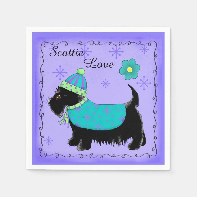 Black Scottie Dog Clothed Liebe Lila Serviette (Vorderseite)
