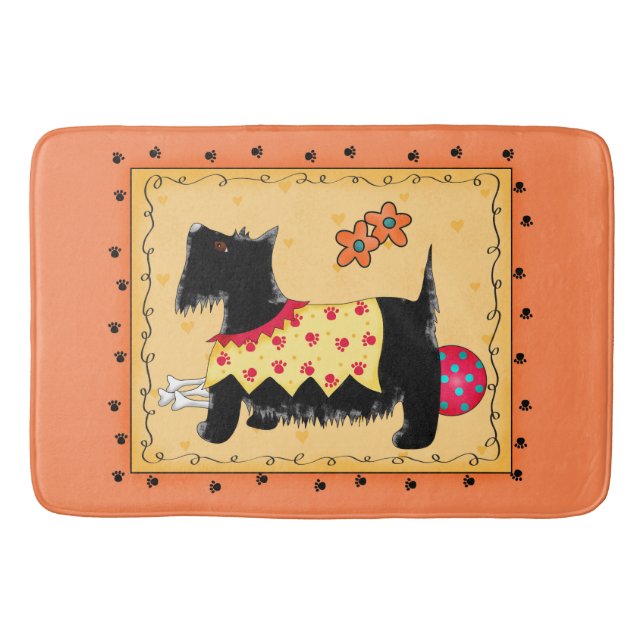 Black Scottie Dog dekorativ Orange Yellow Custom Badematte (Vorderseite)