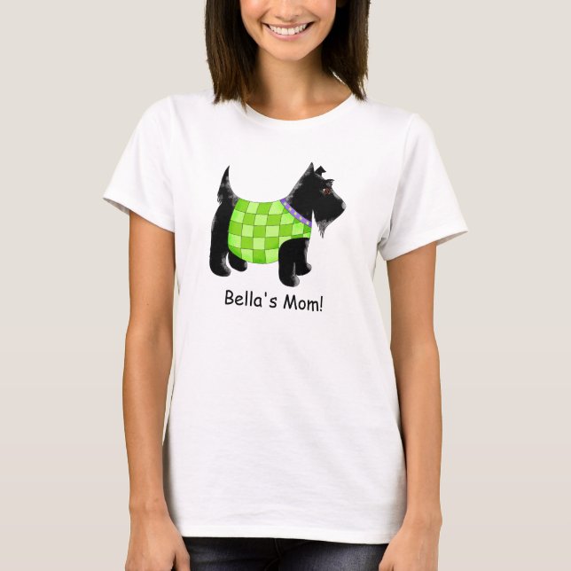 Black Scottie Dog Green Name Personalisiert T-Shirt (Vorderseite)
