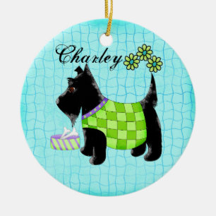 Black Scottie Dog Name Personalisiert Türkis Keramikornament
