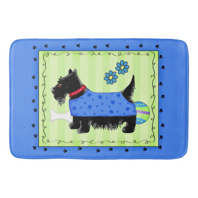 Black Scottie Terrier Blue und Lime Green Badematte (Vorderseite)
