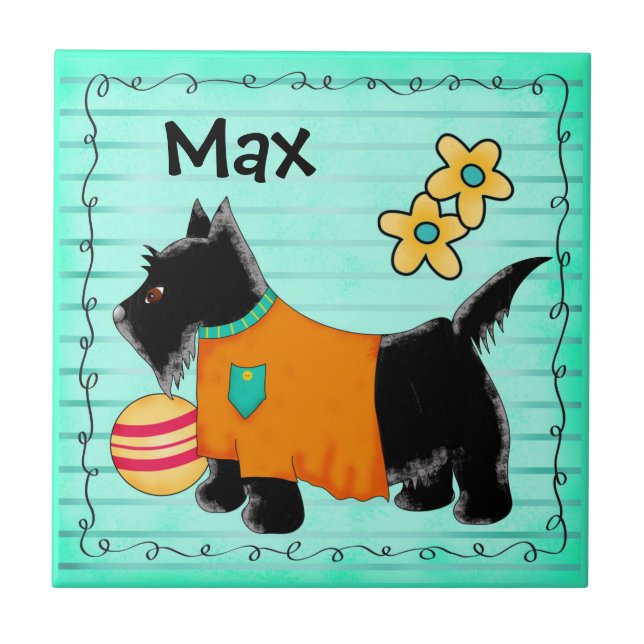 Black Scottie Terrier Dog Name Personalisiert Aqua Fliese (Vorderseite)