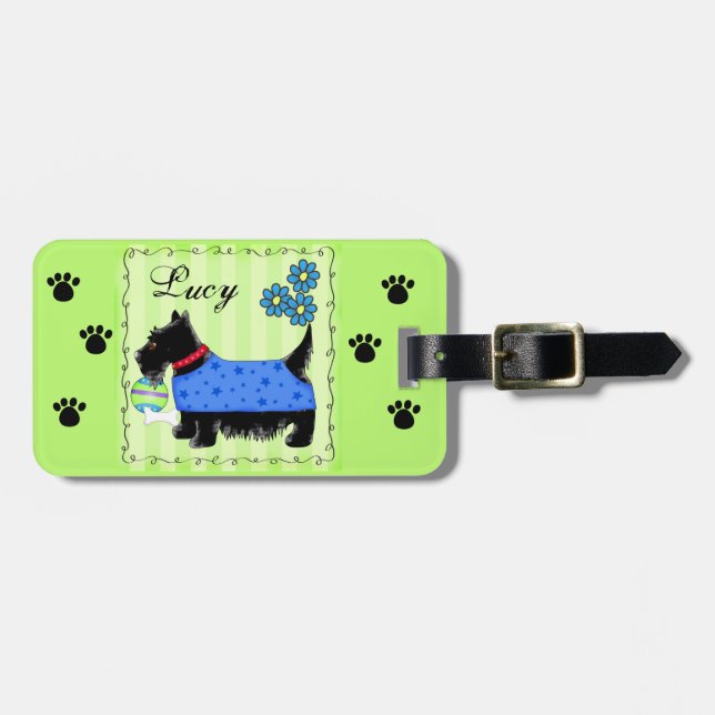 Black Scottie Terrier Dog Name Personalisiert Gree Gepäckanhänger (Vorderseite horizontal)