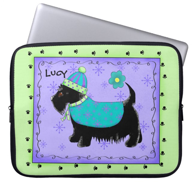 Black Scottie Terrier Dog Name Personalisiert Gree Laptopschutzhülle (Vorderseite)