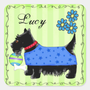 Black Scottie Terrier Dog Name Personalisiert Gree Quadratischer Aufkleber